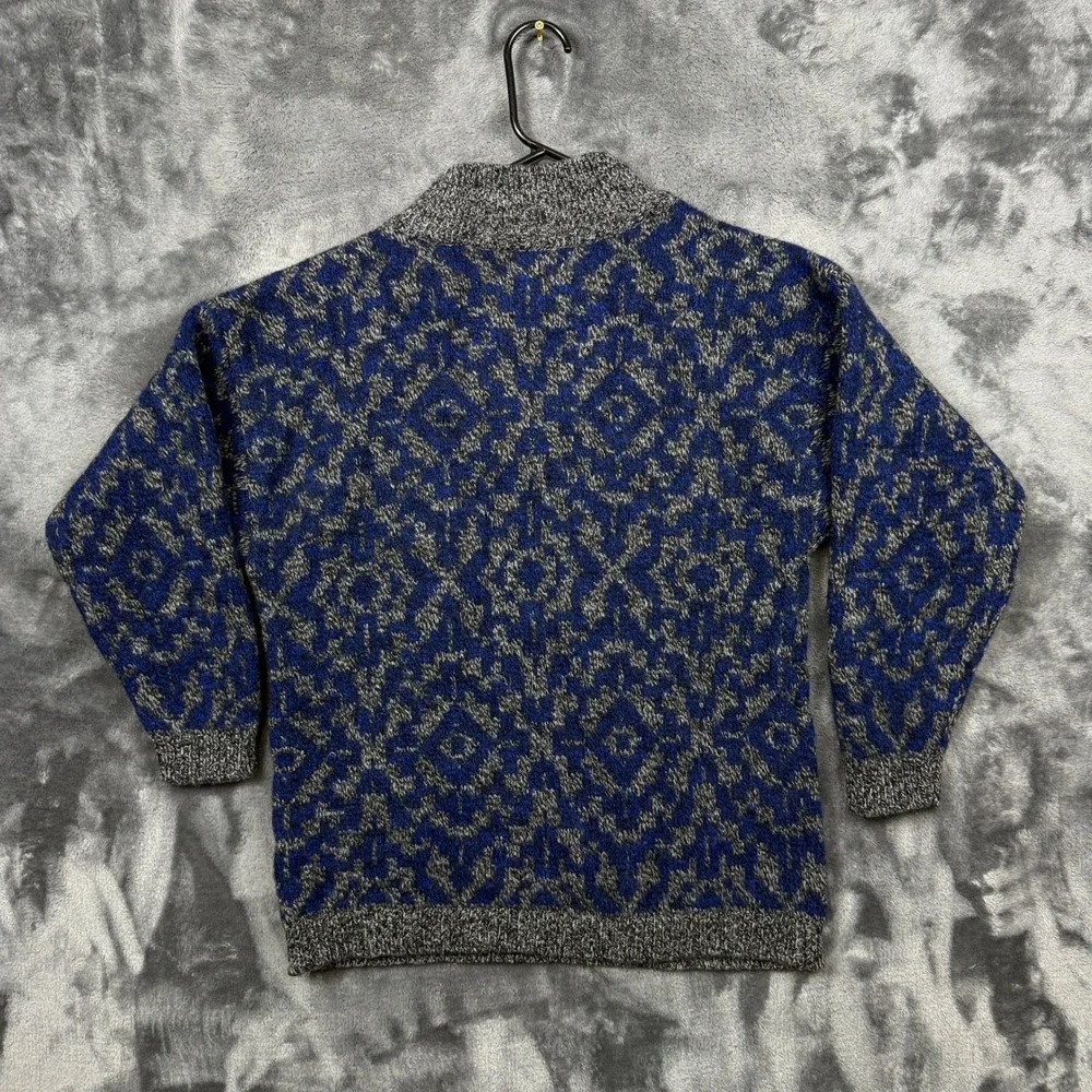 Benetton Sweater Mens 46 Blue Excellent Shetland Wool Geometric Mock Neck Italy